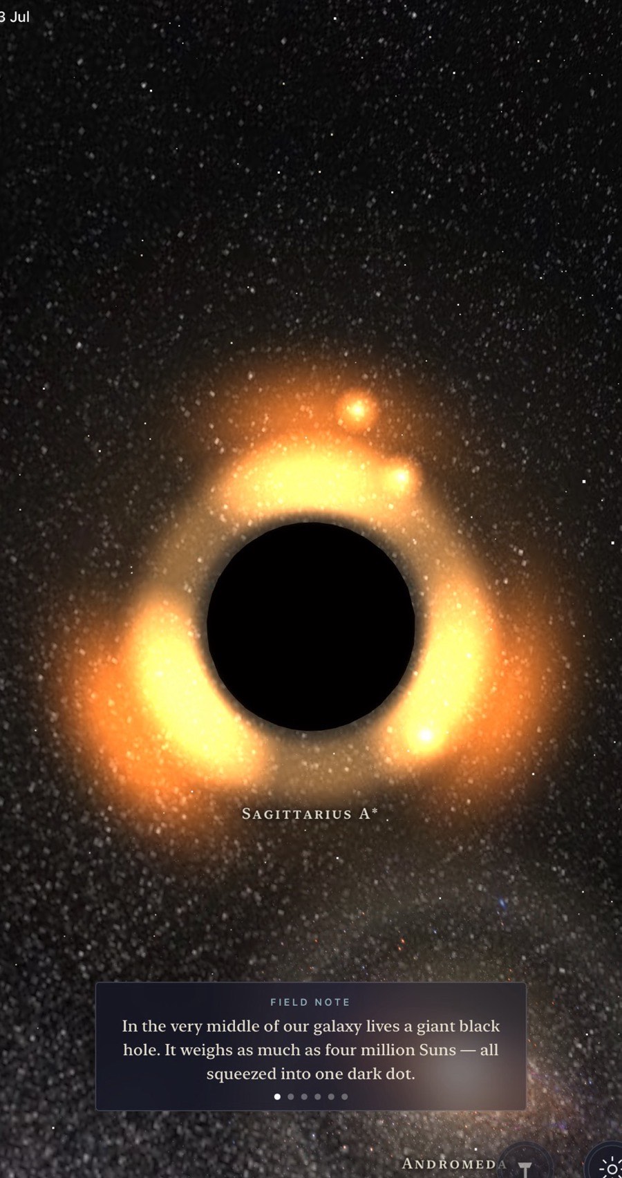Sagittarius A* in the app — the black hole at the Milky Way's centre, its glowing surroundings, and a field note about its four-million-Sun mass.