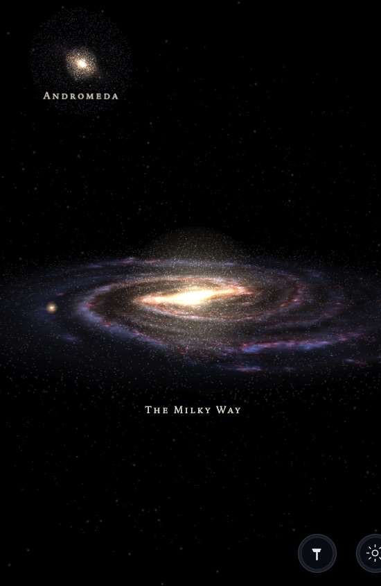 The galaxy view in the app — the Milky Way's spiral seen from outside, with Andromeda drifting in the distance.