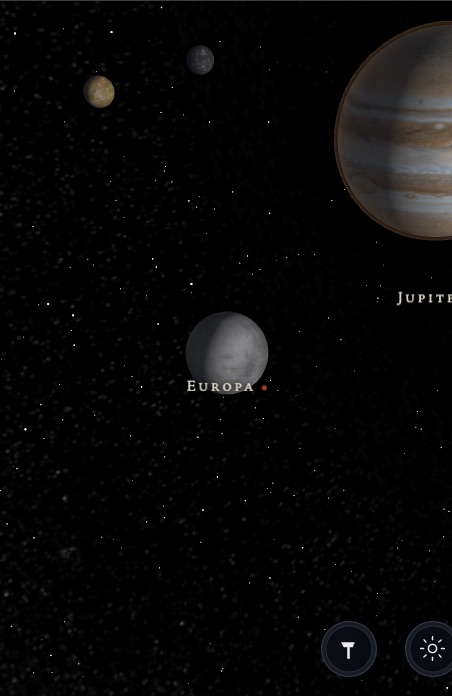 Jupiter's moons in the app — Europa up close, with Jupiter and the other Galilean moons drifting nearby.
