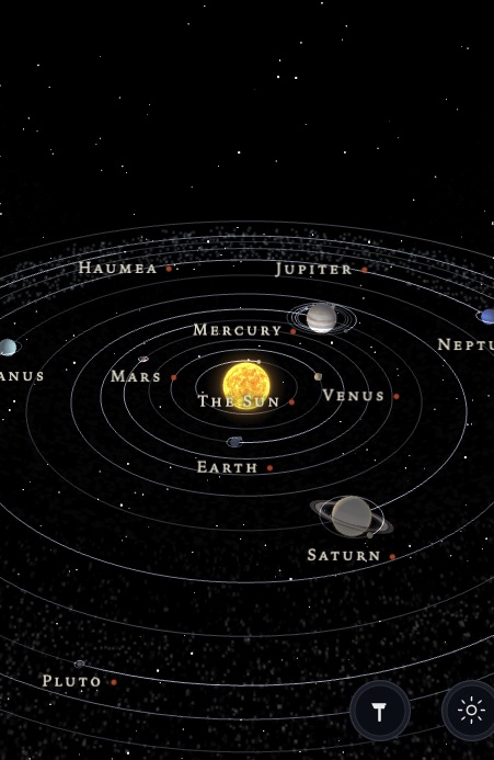 The solar system in the app — the Sun and all eight planets on labelled orbits against the stars.