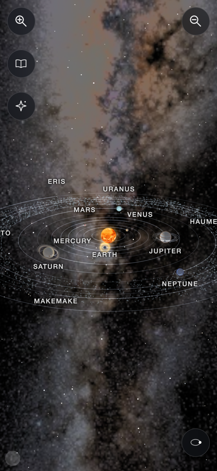 The whole solar system — the Sun, the planets and their orbits against the Milky Way, each world labelled.