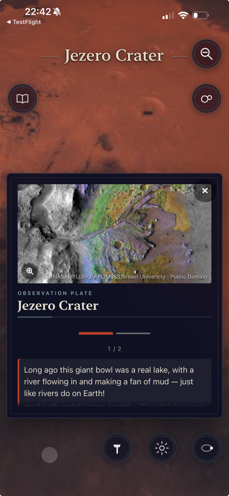 Jezero Crater on Mars — its observation plate showing the NASA image of the ancient river delta, with a plainly-told fact beneath.